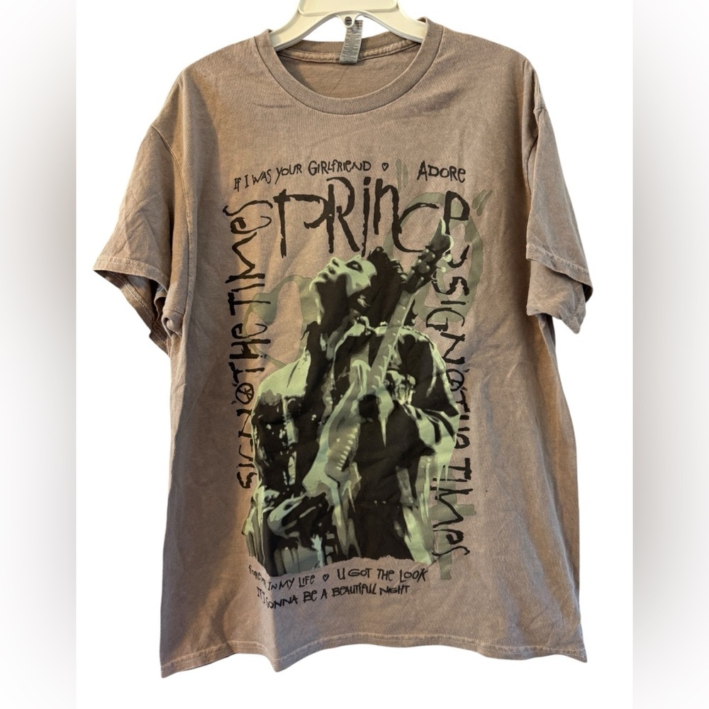 Official Prince Adore Graphic T-Shirt Sign O' The Times Band Tee Vintage Tan L